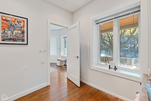 corridor with a healthy amount of sunlight and hardwood / wood-style flooring