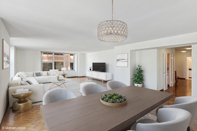 living room featuring parquet flooring