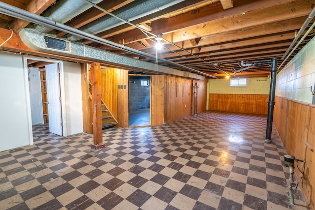 basement with wood walls