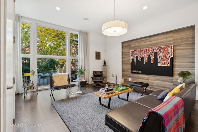 living room featuring floor to ceiling windows and dark wood-type flooring