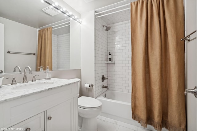 full bathroom with shower / bath combo, toilet, and vanity