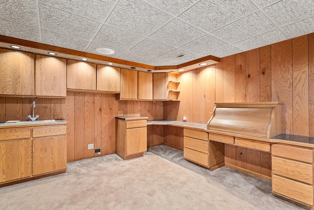 unfurnished office featuring wooden walls, light carpet, a sink, visible vents, and built in study area