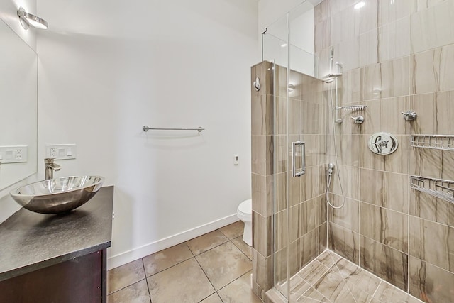 bathroom with tile patterned flooring, vanity, toilet, and walk in shower