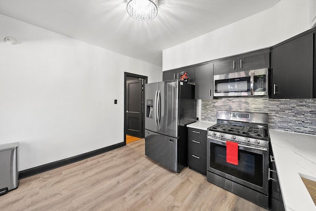 kitchen featuring a chandelier, appliances with stainless steel finishes, light wood-type flooring, and tasteful backsplash