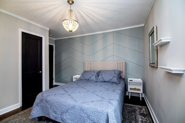 bedroom with dark wood-type flooring and ornamental molding