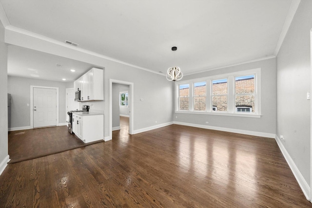 unfurnished living room with a notable chandelier, crown molding, and dark wood-type flooring