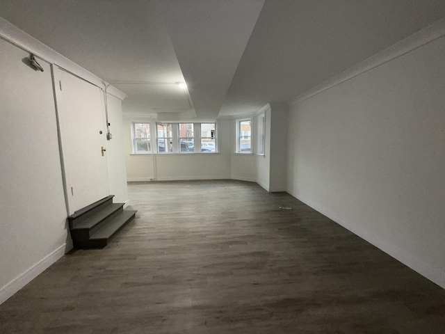 interior space featuring wood-type flooring and ornamental molding