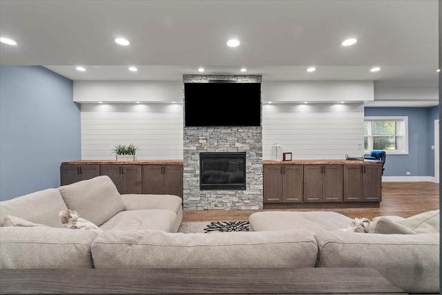 living room featuring a fireplace and wood-type flooring