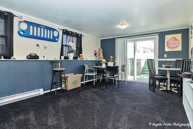 interior space with crown molding, a baseboard heating unit, and dark colored carpet