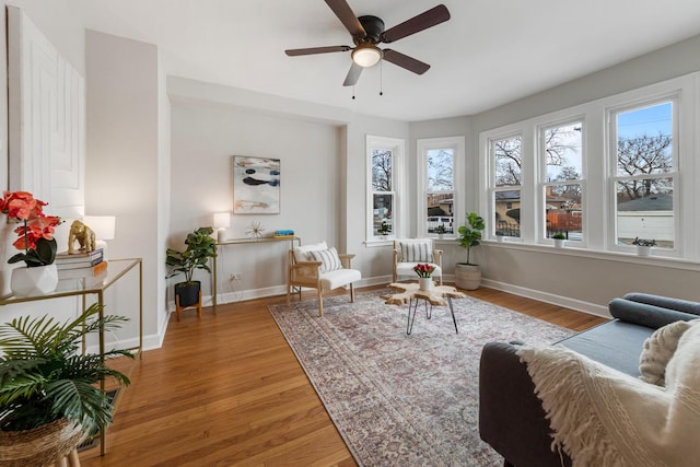 living room featuring ceiling fan and wood-type flooring