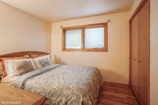 bedroom featuring dark wood-type flooring and a closet