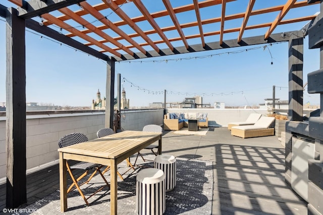 exterior space with an outdoor hangout area, a pergola, and a patio