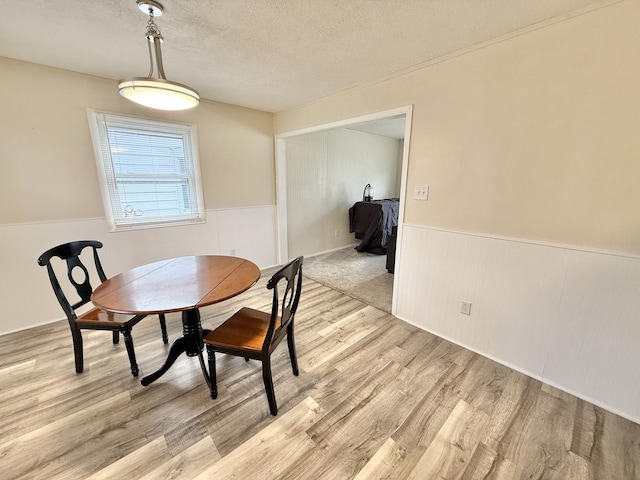 dining space featuring a textured ceiling and light hardwood / wood-style flooring