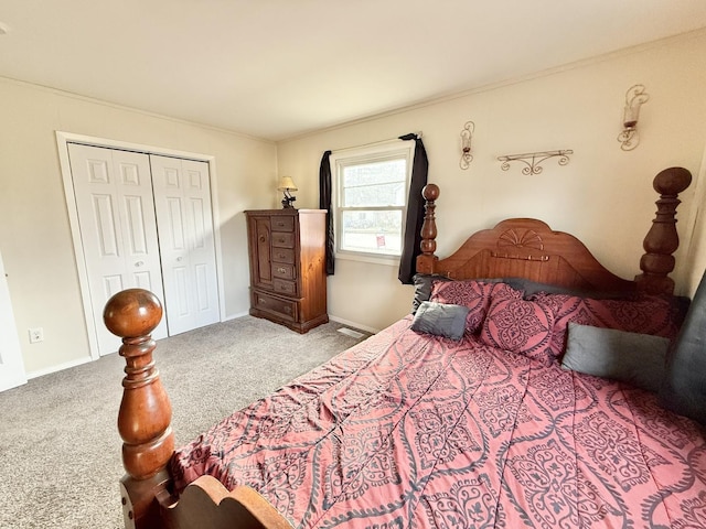 bedroom featuring light carpet, a closet, and crown molding