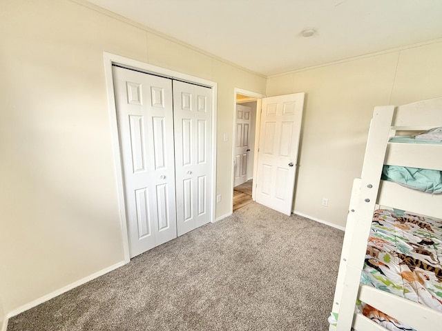 unfurnished bedroom with carpet, crown molding, and a closet