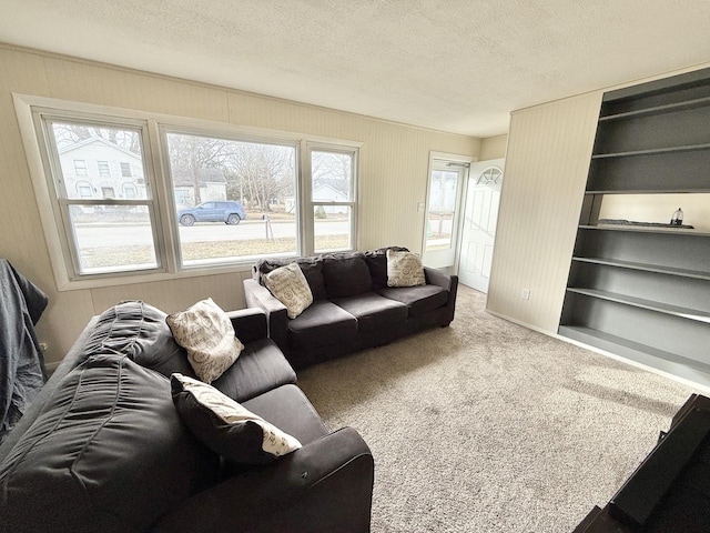 carpeted living room featuring a textured ceiling