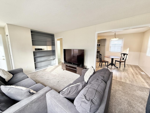 carpeted living room with a textured ceiling