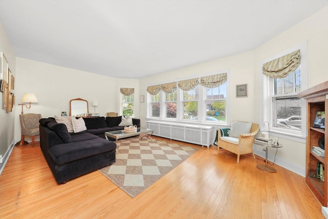 living room with hardwood / wood-style floors and radiator heating unit