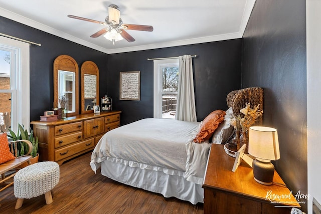 bedroom with ceiling fan, crown molding, and dark wood-type flooring