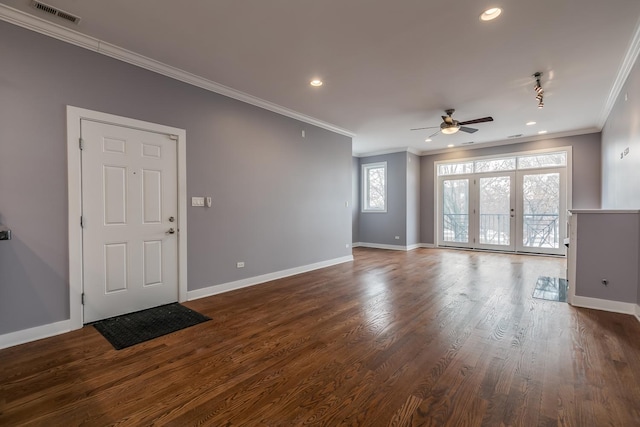 unfurnished living room with french doors, dark wood-type flooring, ceiling fan, and ornamental molding