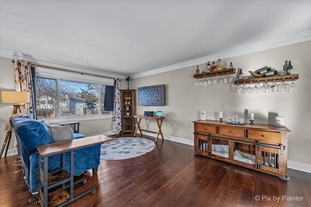 living area featuring bar area, crown molding, and dark hardwood / wood-style flooring