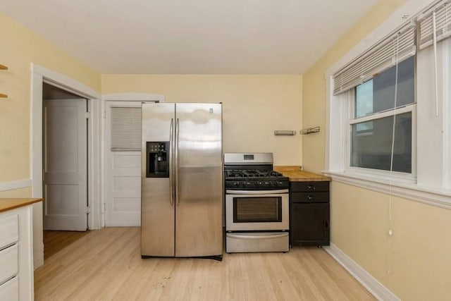 kitchen featuring appliances with stainless steel finishes, baseboards, wood counters, and light wood-style floors