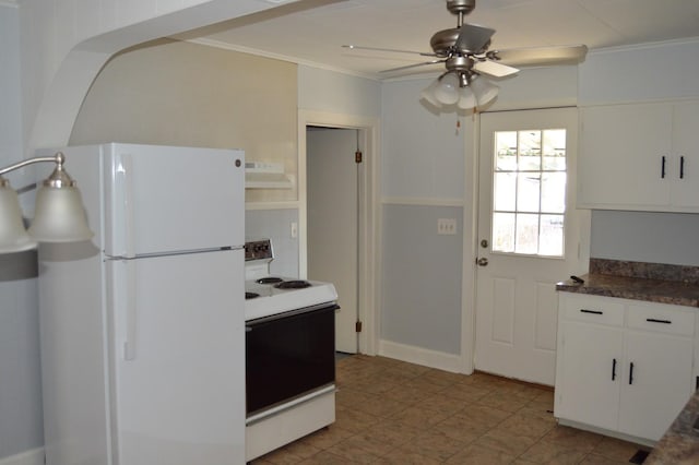 kitchen with white fridge, range with electric cooktop, ceiling fan, crown molding, and white cabinets