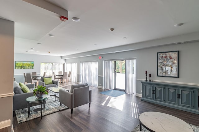 living room featuring plenty of natural light and dark wood-type flooring