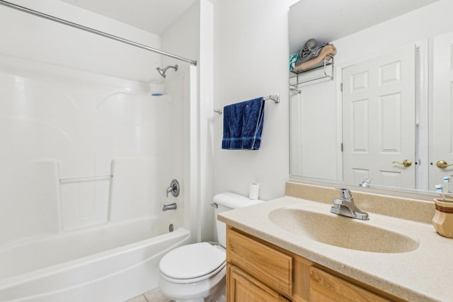 full bathroom featuring washtub / shower combination, vanity, and toilet