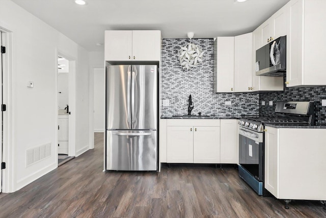 kitchen with backsplash, sink, dark hardwood / wood-style floors, white cabinetry, and stainless steel appliances