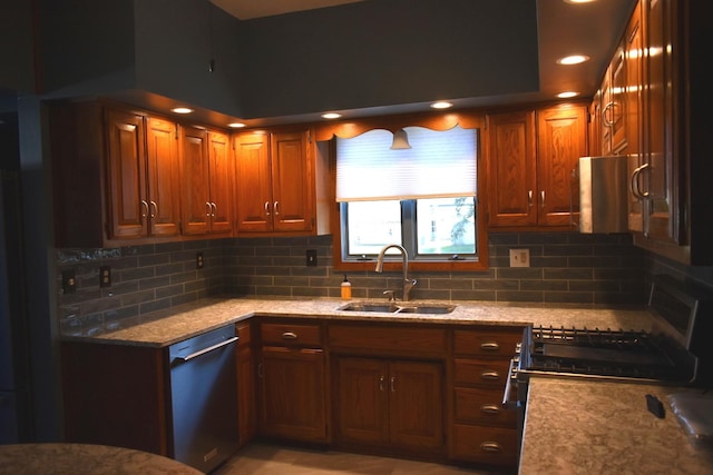 kitchen with backsplash, dishwasher, light stone counters, and sink