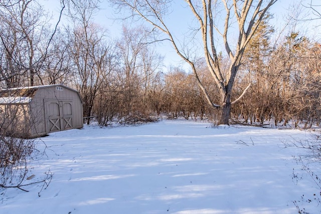 yard layered in snow featuring a storage unit