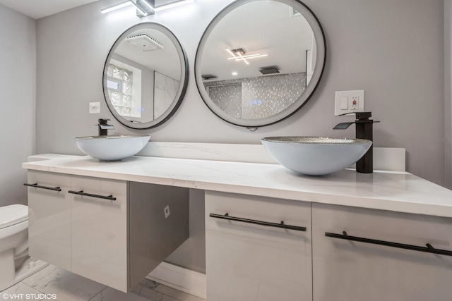 bathroom featuring a shower, vanity, and toilet