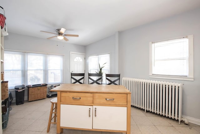 kitchen with ceiling fan and radiator heating unit