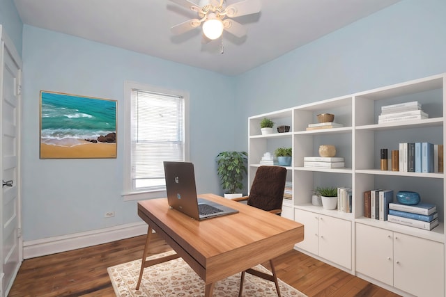 home office featuring dark wood-type flooring and ceiling fan