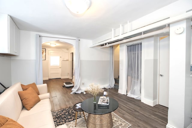 living room featuring dark wood-type flooring