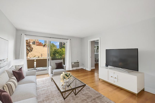 living room featuring a wall mounted air conditioner and wood-type flooring