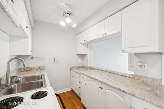 kitchen with ceiling fan, sink, light stone countertops, dark hardwood / wood-style floors, and white cabinets