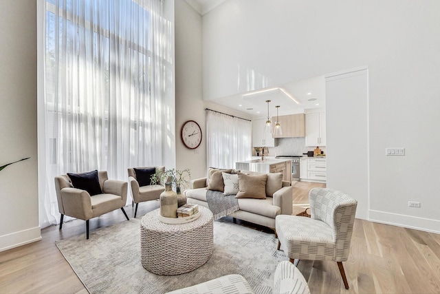 living room with plenty of natural light, a towering ceiling, and light hardwood / wood-style flooring