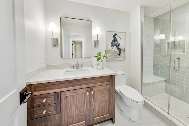 bathroom featuring vanity, toilet, and a shower with door