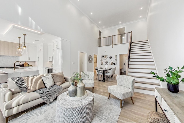 living room featuring light hardwood / wood-style floors, sink, crown molding, and a high ceiling