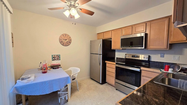 kitchen with appliances with stainless steel finishes, ceiling fan, and sink