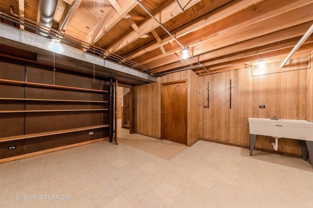 basement featuring sink and wood walls