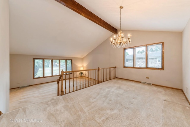 empty room featuring a notable chandelier, vaulted ceiling with beams, and light carpet