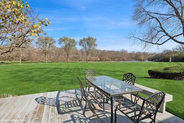 wooden deck featuring a lawn