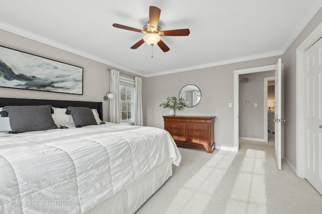 bedroom with ceiling fan, crown molding, and light carpet