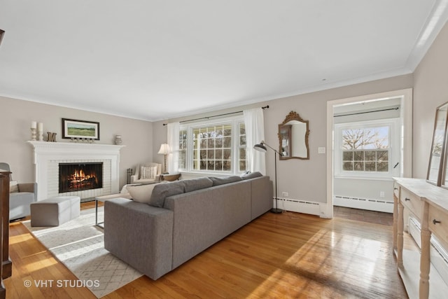 living room featuring hardwood / wood-style floors, crown molding, a fireplace, and a baseboard heating unit