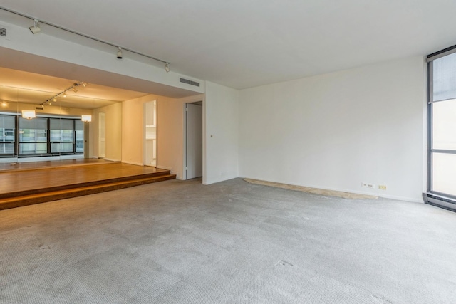 unfurnished living room featuring rail lighting, carpet floors, and a wealth of natural light