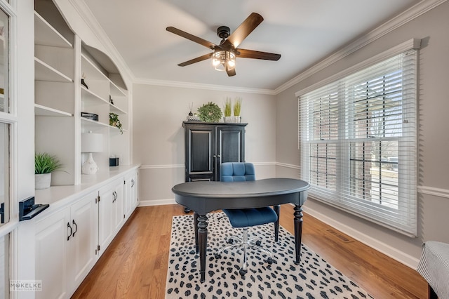 office with light hardwood / wood-style flooring, ceiling fan, and ornamental molding