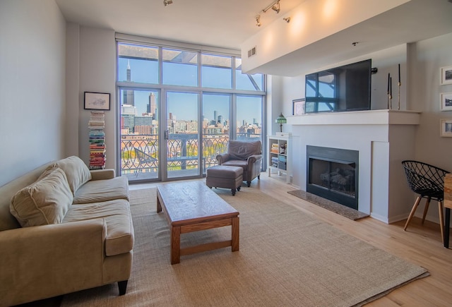 living room featuring light hardwood / wood-style flooring, track lighting, and a wall of windows